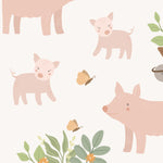 Charming wallpaper pattern featuring pale pink pigs in various poses with wheelbarrows full of green plants and orange flowers, interspersed with fluttering butterflies on a light background, ideal for a nursery or child's room.