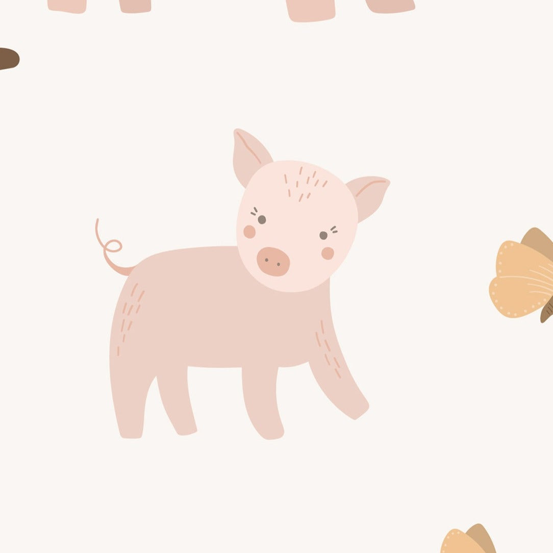 Illustration of a young pig in a playful pose on pastel background for Spring Farm Wallpaper.