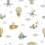 Close-up of 'Flying Friends' wallpaper, showcasing illustrations of animals like cats, foxes, and bears engaging in flight with various air transport devices like balloons, planes, and helicopters against a cloud-dotted sky background.