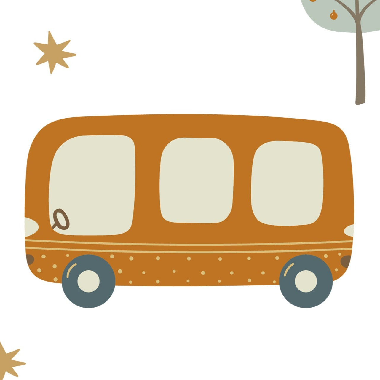 Close-up view of the School Bus Wallpaper featuring quaint orange school buses interspersed with stylized light blue trees and golden stars on a light background, creating a charming and playful pattern suitable for children's rooms