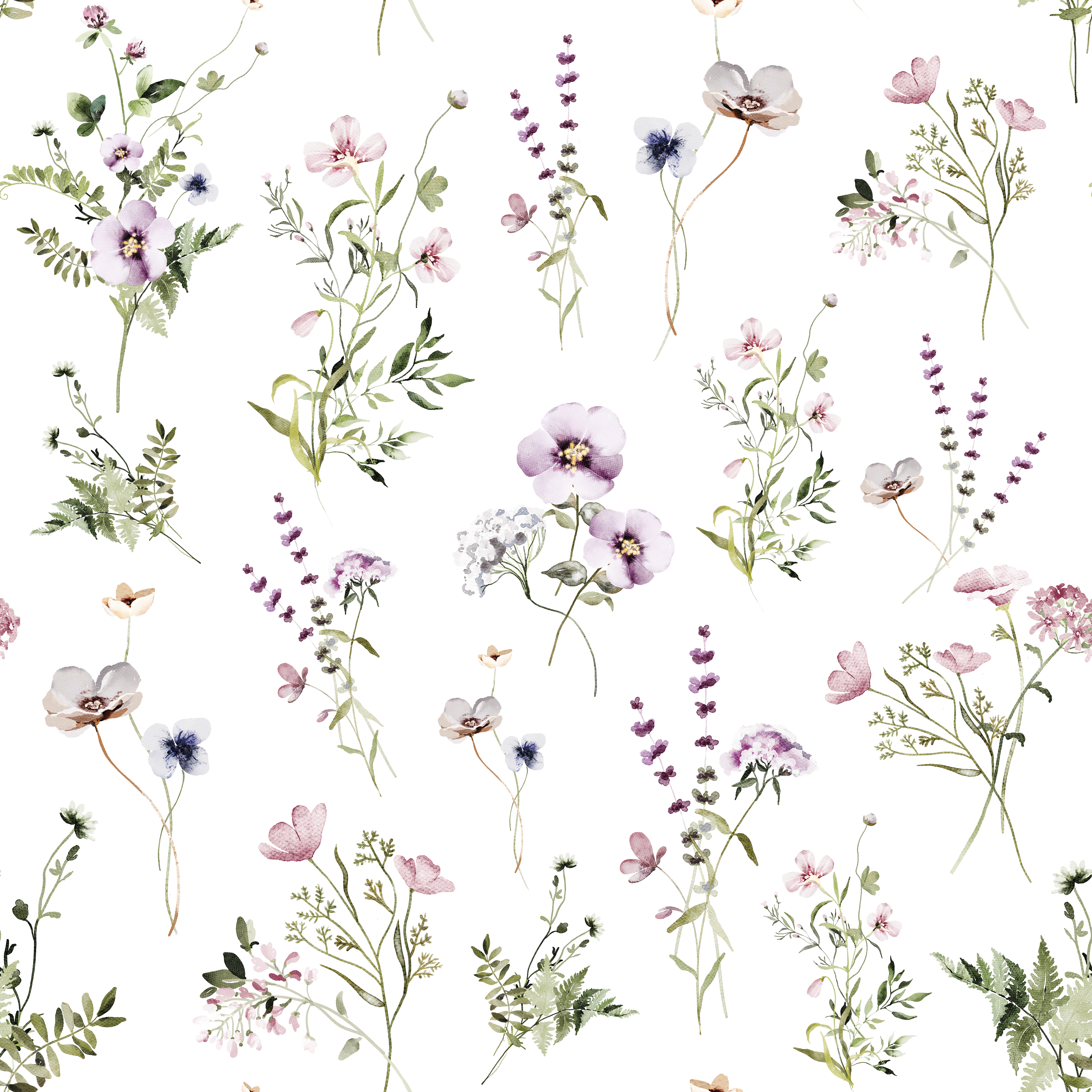 A detailed view of the 'Midsummer Watercolour Bouquet Wallpaper - Raspberry', showcasing its vibrant watercolor flowers in raspberry, purple, and green hues on a white background, exuding the freshness of a midsummer garden.