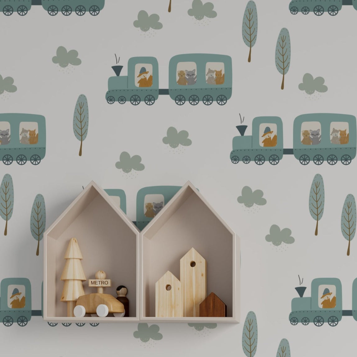 This image provides a detailed look at the All Aboard Wallpaper installed in a child's room. The wallpaper, with its delightful train and animal motifs set against a backdrop of trees and clouds, pairs beautifully with modern children's furniture and natural wooden toys, enhancing the playful and inviting atmosphere of the space.