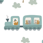 A close-up view of the All Aboard Wallpaper, showcasing its whimsical design. The wallpaper features a series of trains in soft blue and gray tones, each cart filled with cute animals like foxes and bears. The design is interspersed with simple illustrations of trees and clouds, making it ideal for a nursery or child's bedroom.
