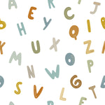 A close-up view of the 'Nursery Alphabet Wallpaper', highlighting the colorful and varied typography. Each letter is uniquely designed with patterns and soft colors, contributing to a vibrant and engaging learning environment for children.