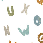A close-up view of the 'Nursery Alphabet Wallpaper', highlighting the colorful and varied typography. Each letter is uniquely designed with patterns and soft colors, contributing to a vibrant and engaging learning environment for children.
