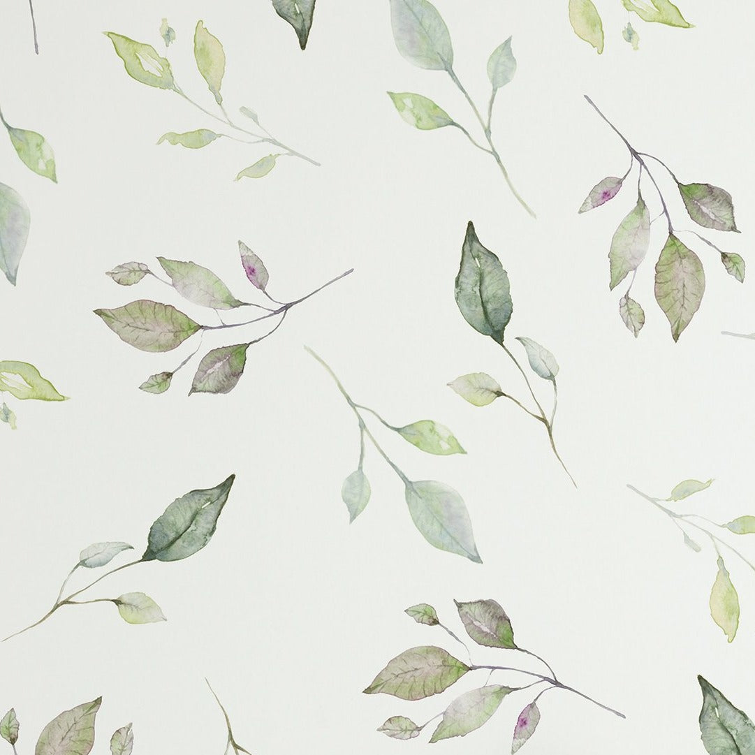 A close-up view of a wallpaper pattern showcasing delicate green leaves painted in watercolor. The leaves are distributed across a white backdrop, capturing the essence of autumn with a light, airy touch.