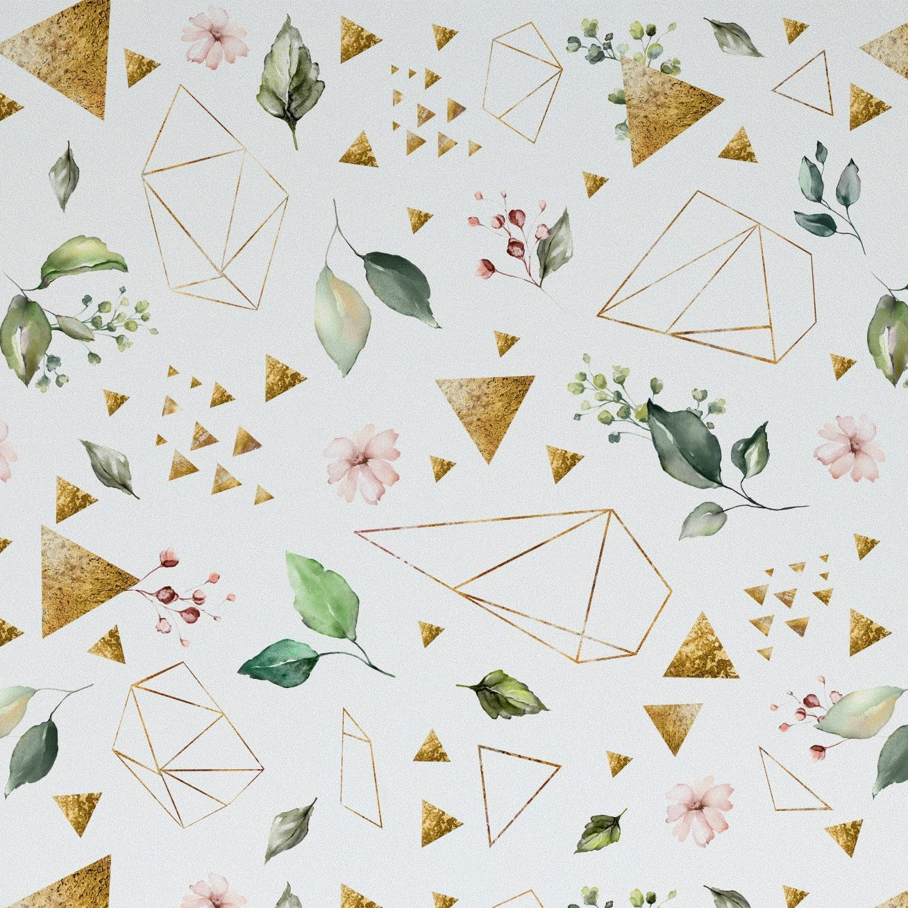 A seamless patterned wallpaper featuring a soft color palette with watercolor illustrations of various green leaves, pink and white flowers, interspersed with geometric shapes like triangles and diamonds in gold foil and outlined styles.