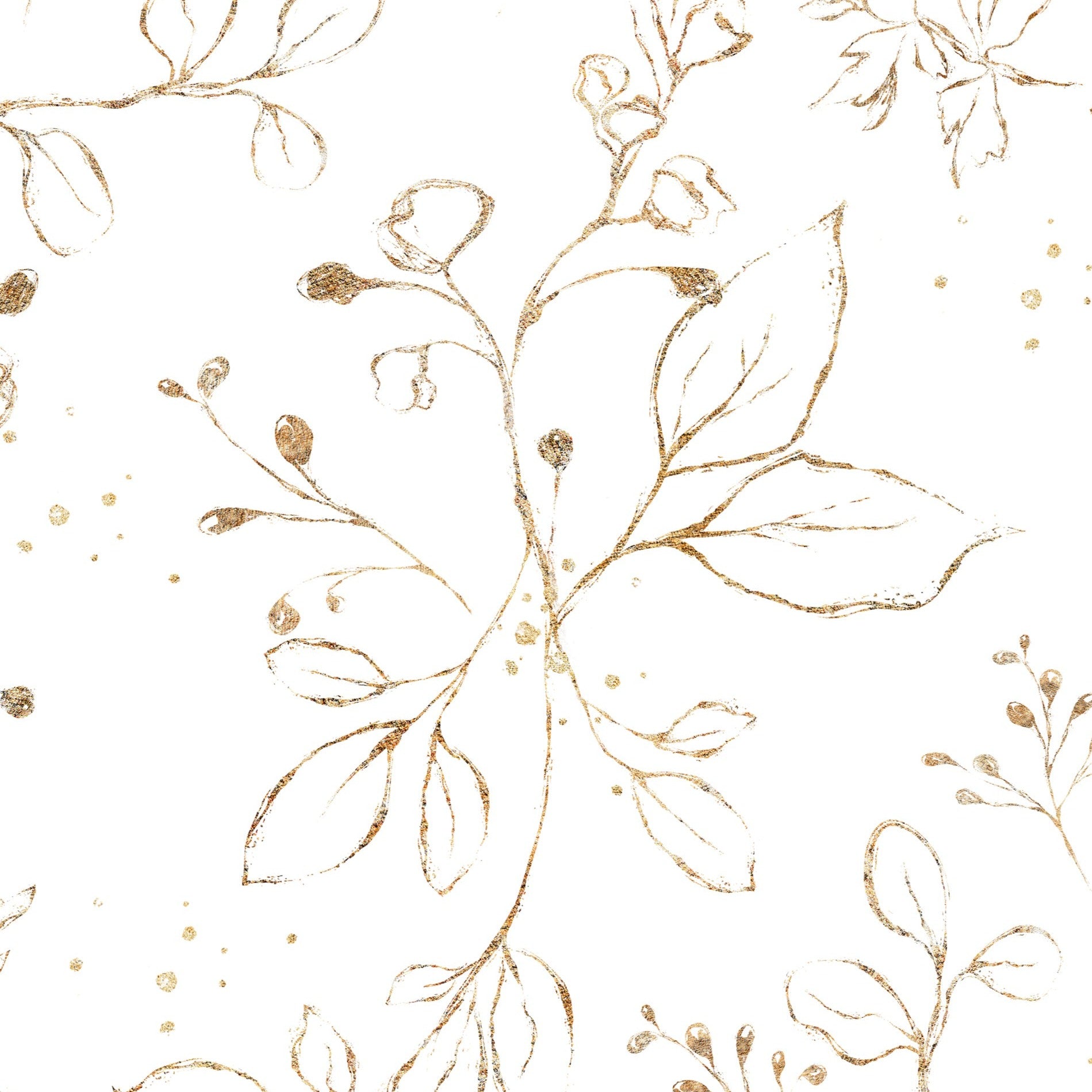A seamless pattern of Gold Leaves Wallpaper, illustrating the intricate watercolor leaves and berries in gold, casting a luxurious and warm ambiance in any room it adorns