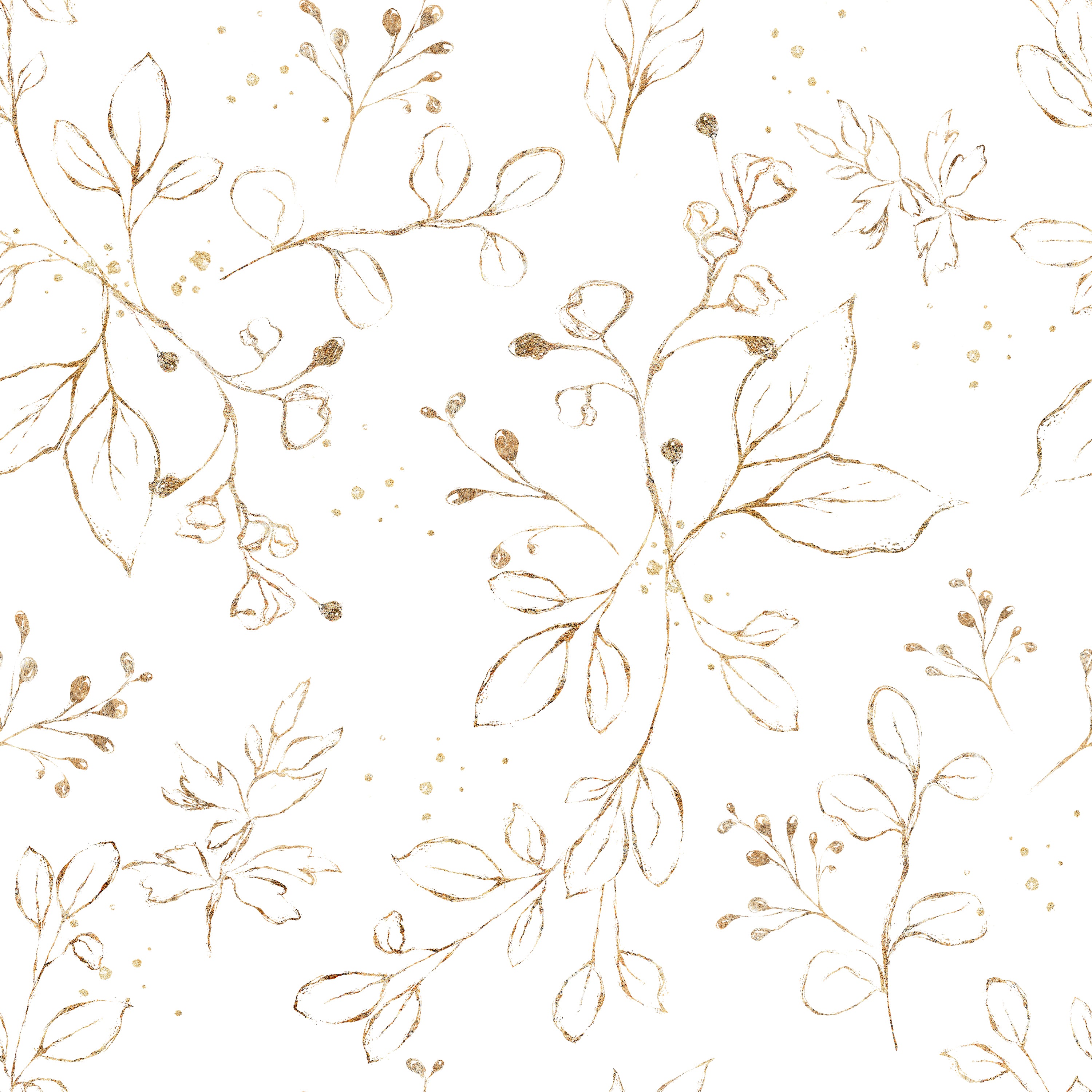 A seamless pattern of Gold Leaves Wallpaper, illustrating the intricate watercolor leaves and berries in gold, casting a luxurious and warm ambiance in any room it adorns