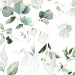 Close-up of the Eucalyptus Wallpaper depicting watercolor eucalyptus leaves in varying shades of green, creating a serene and natural atmosphere with a hand-painted aesthetic.