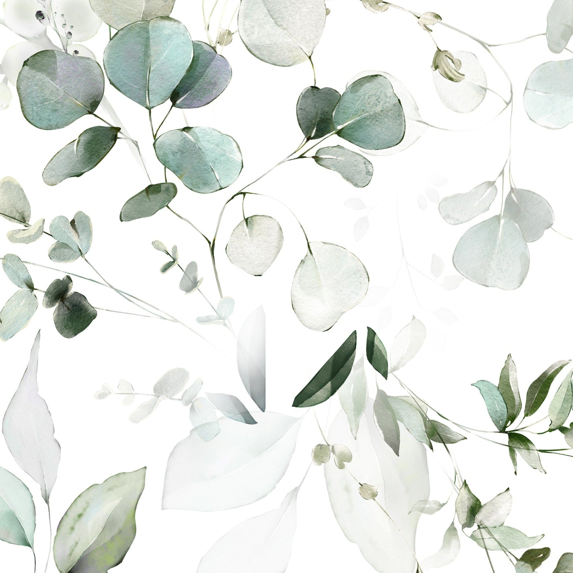 Close-up of the Eucalyptus Wallpaper depicting watercolor eucalyptus leaves in varying shades of green, creating a serene and natural atmosphere with a hand-painted aesthetic.