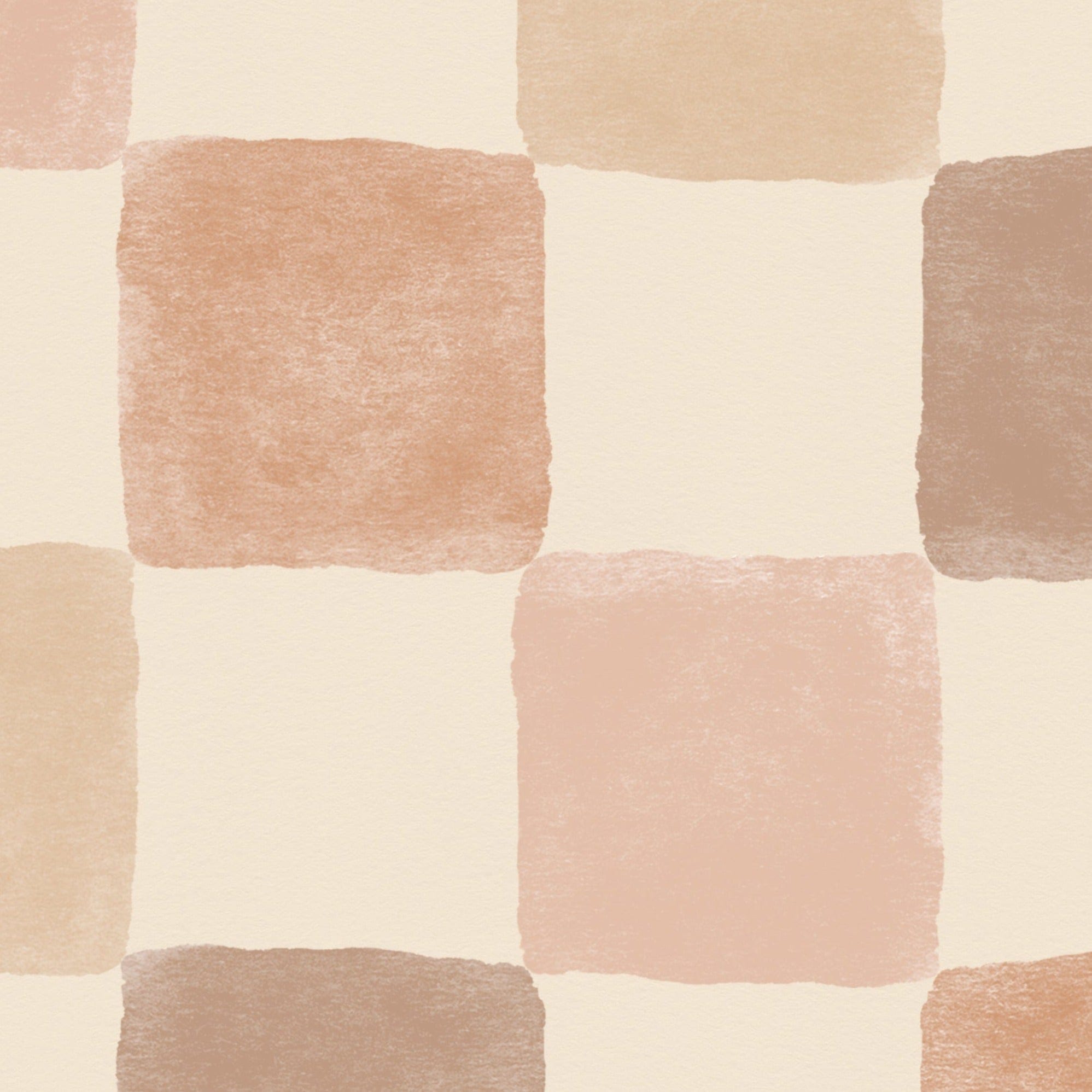 Detailed view of Clémence Wallpaper showcasing a checkered pattern with soft, watercolor blocks in shades of peach, taupe, and beige, set against a light cream background, exuding a warm and inviting feel