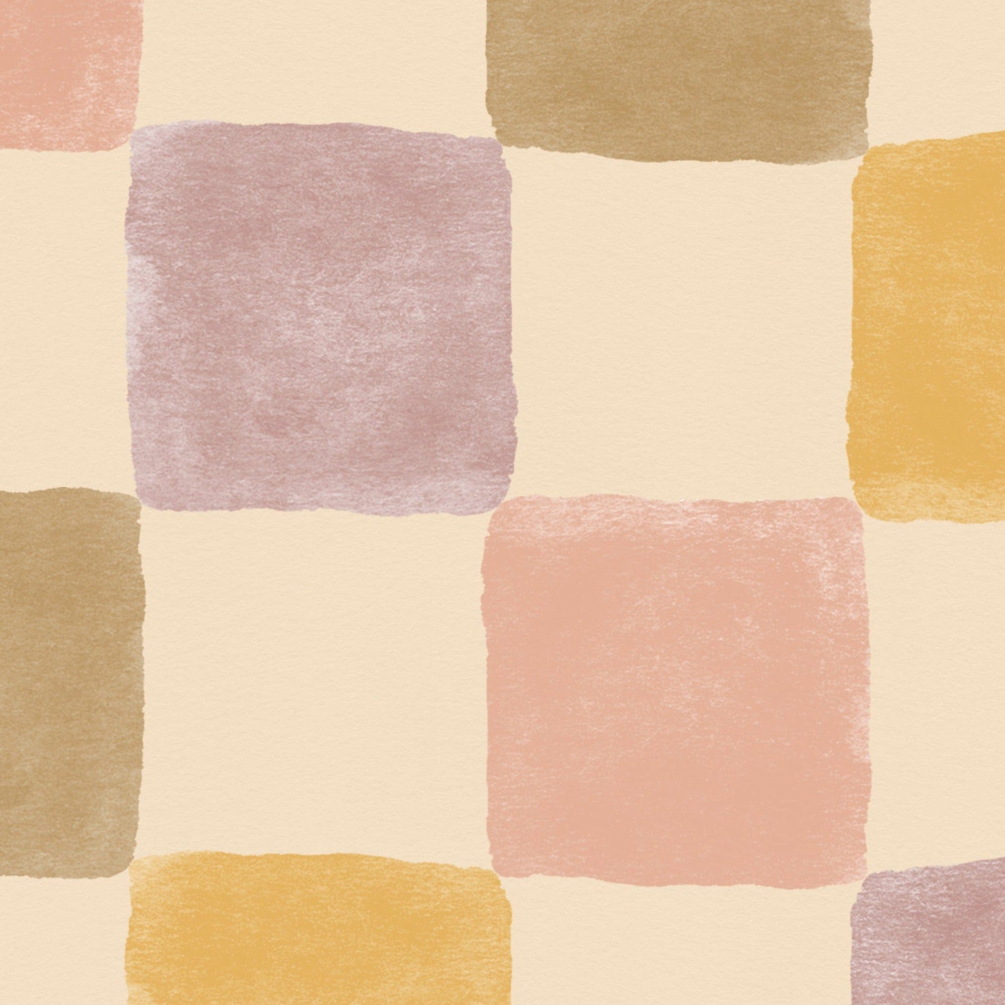 Close-up view of the Cécile Wallpaper II, featuring a warm pastel checkered pattern in alternating squares of soft pink, mustard, taupe, and light purple, creating a soothing and inviting aesthetic