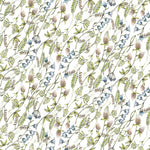 A seamless pattern design showcasing 'Watercolour Botanical Wildflowers' in a repeating layout. The design features an array of wildflower illustrations, including blooms, leaves, and seed pods, in soft watercolor hues of blues, greens, and neutrals on a clean white background.