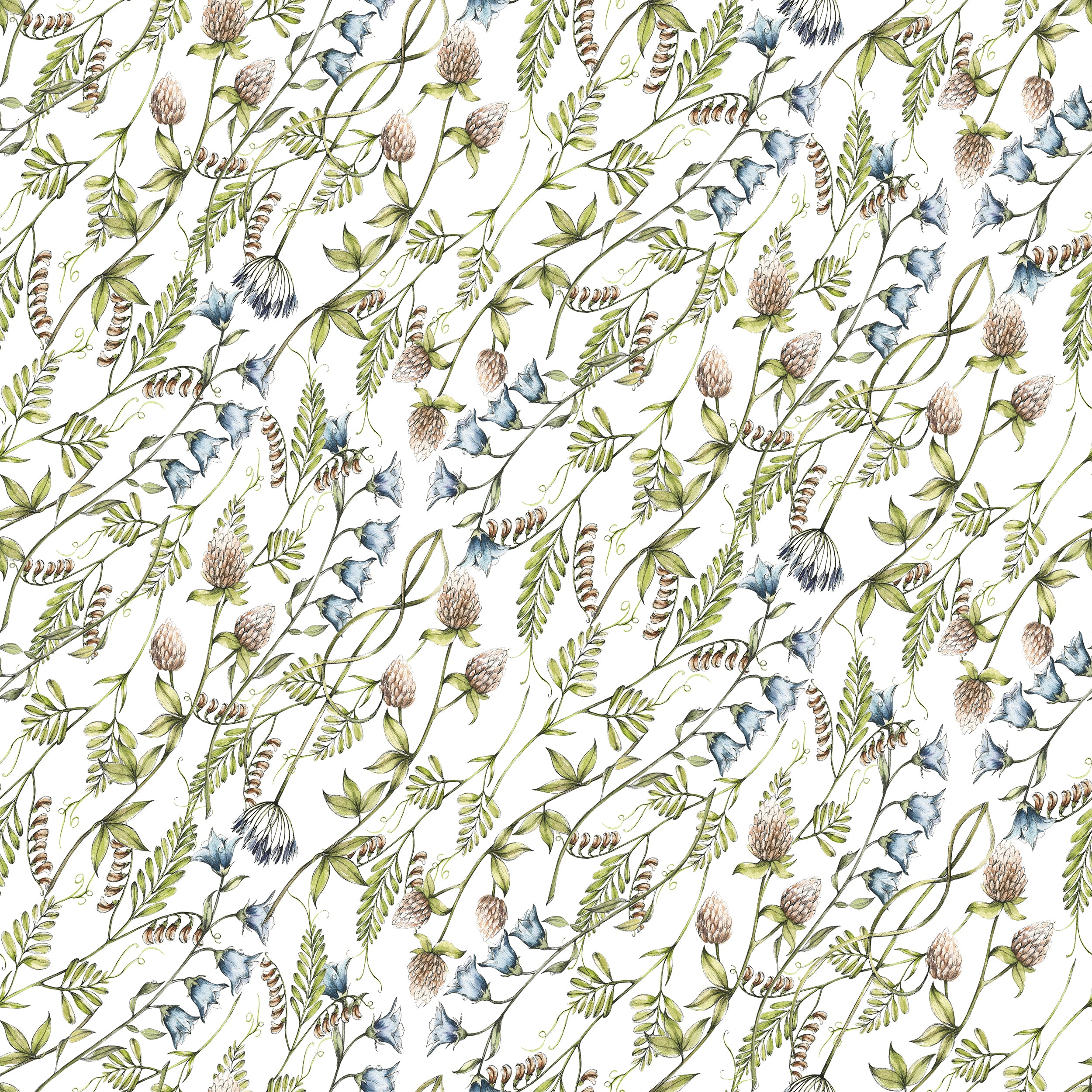 A seamless pattern design showcasing 'Watercolour Botanical Wildflowers' in a repeating layout. The design features an array of wildflower illustrations, including blooms, leaves, and seed pods, in soft watercolor hues of blues, greens, and neutrals on a clean white background.