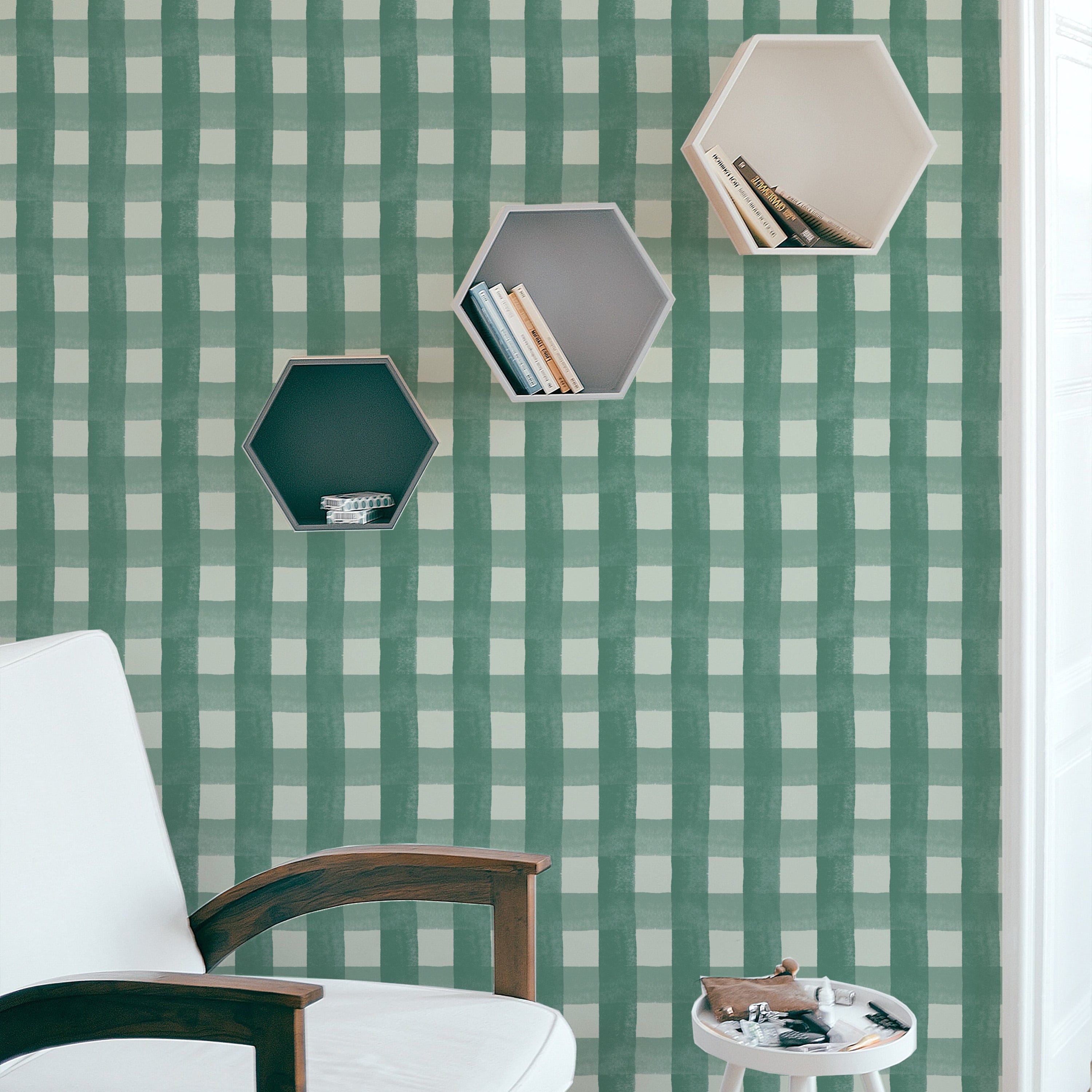 Close-up view of the Capucine Wallpaper, featuring a textured vertical stripe pattern in teal and off-white, creating a visually soothing and structured appearance ideal for contemporary spaces