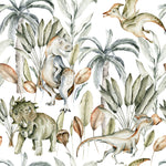 The Watercolour Dino Wallpaper features a whimsical pattern of watercolor dinosaurs, including a smiling Iguanodon and a playful Pterodactyl, among lush tropical foliage and scattered seeds, rendered in soft hues to create a prehistoric jungle scene.