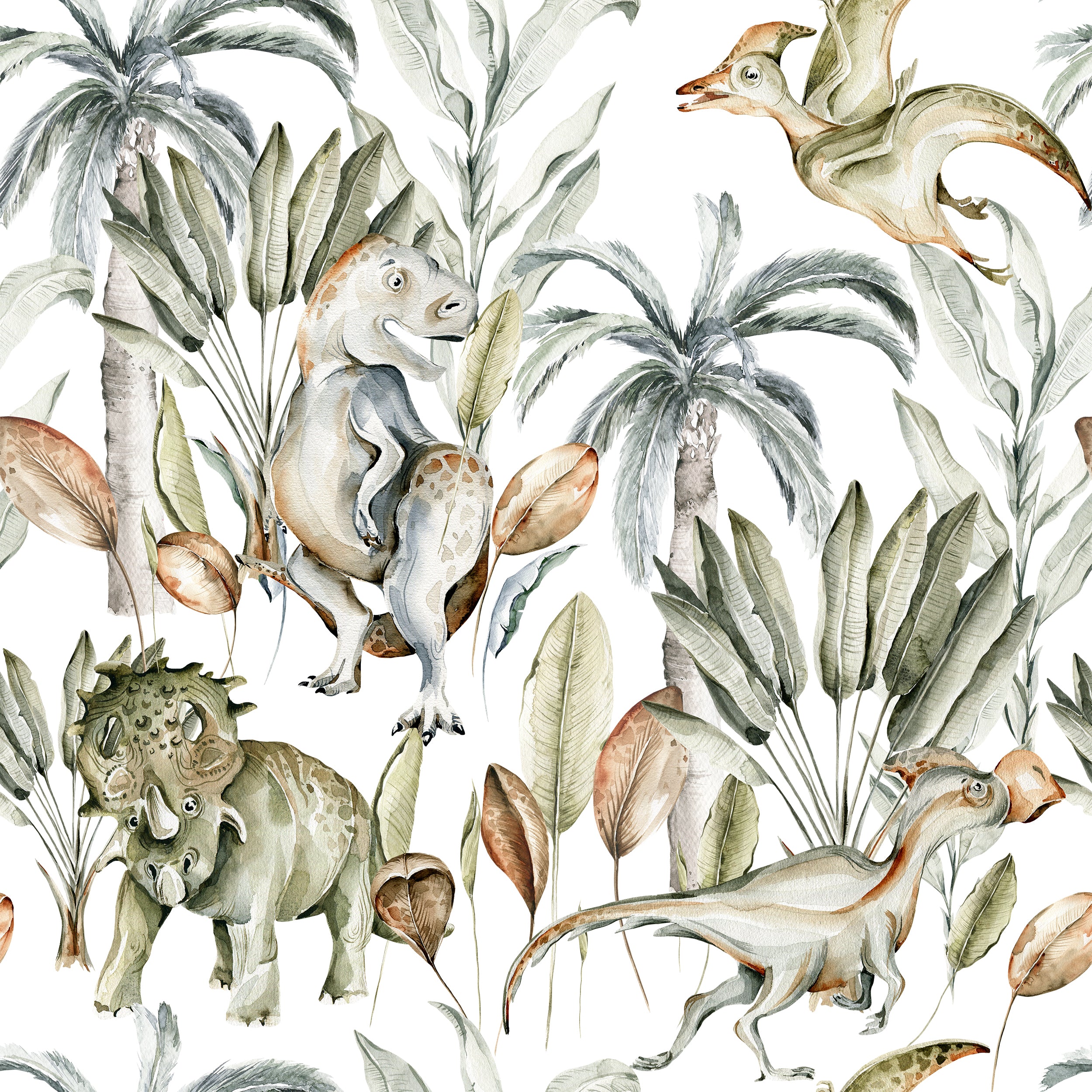 The Watercolour Dino Wallpaper features a whimsical pattern of watercolor dinosaurs, including a smiling Iguanodon and a playful Pterodactyl, among lush tropical foliage and scattered seeds, rendered in soft hues to create a prehistoric jungle scene.