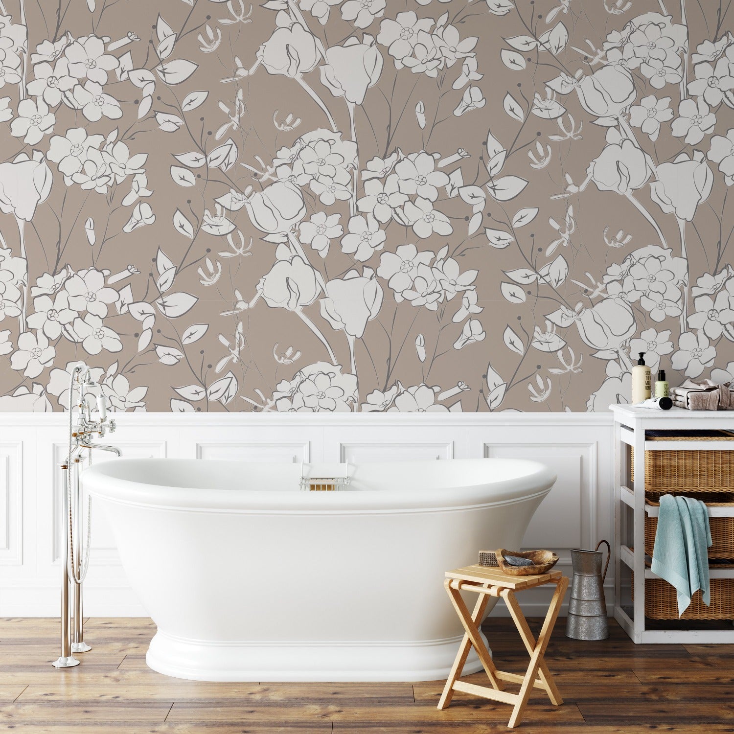 A cozy bathroom corner adorned with the "Floral Line Art Wallpaper," providing a harmonious blend of modern design and natural motifs. The wallpaper brings a lively yet refined element to the space, complementing the bathroom's crisp white fixtures and wooden accents.