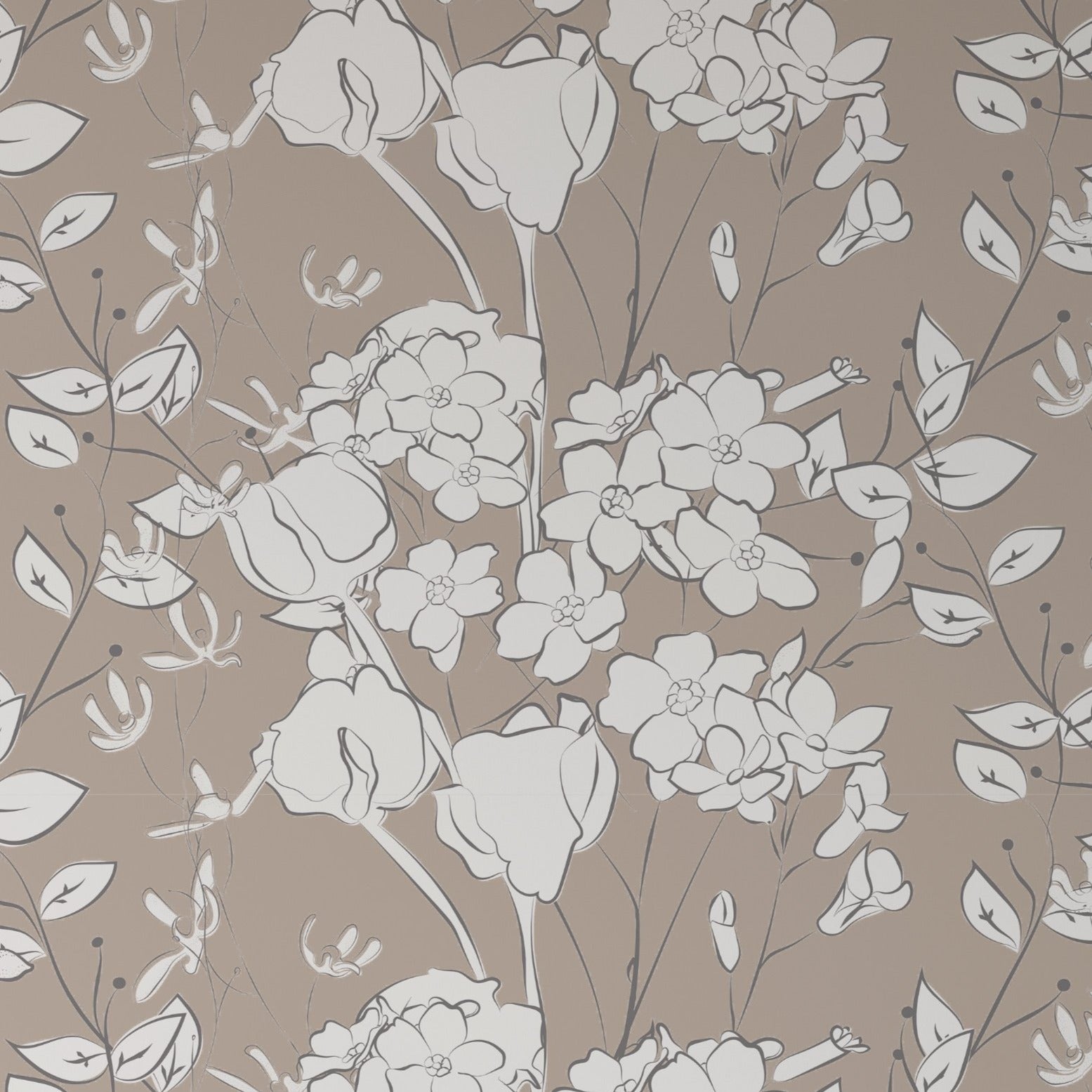 A close-up of the "Floral Line Art Wallpaper" featuring elegant white line-drawn flowers and botanical elements on a warm taupe background. The design showcases a contemporary take on floral patterns with its minimalist line art style, creating a sophisticated and modern aesthetic.