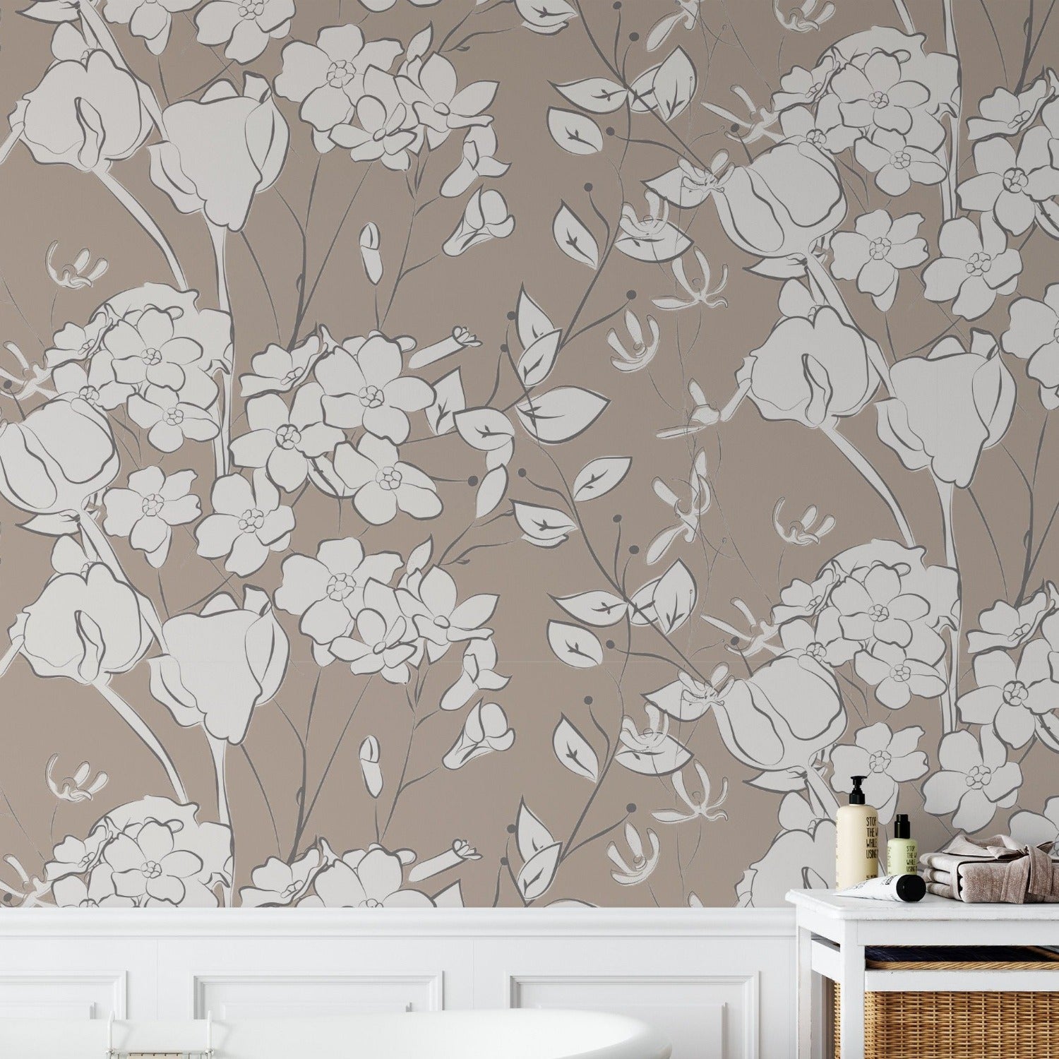 The "Floral Line Art Wallpaper" in a stylish bathroom setting, where the clean white lines of the floral design offer a stark contrast against the taupe backdrop. This wallpaper creates a refined and artistic ambiance around the classic white bathtub, enhancing the bathroom’s modern and chic decor.