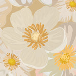 A close-up view of a 'Retro Flower Wallpaper' design showcasing a variety of stylized flowers in soft pastel shades of cream, beige, yellow, and green on a light tan background.