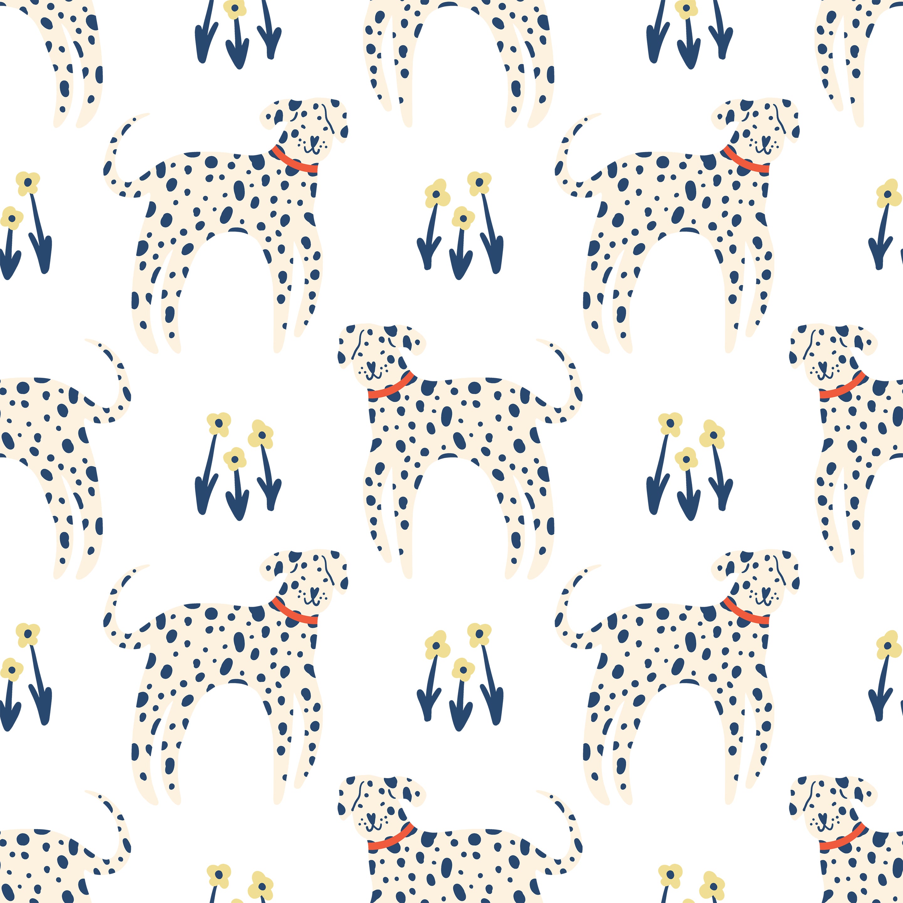 Delightful 'Dog Wallpaper 33' featuring whimsical illustrations of Dalmatians with blue and yellow flowers on their backs, set against a crisp white background, adding a playful and charming touch to any room.