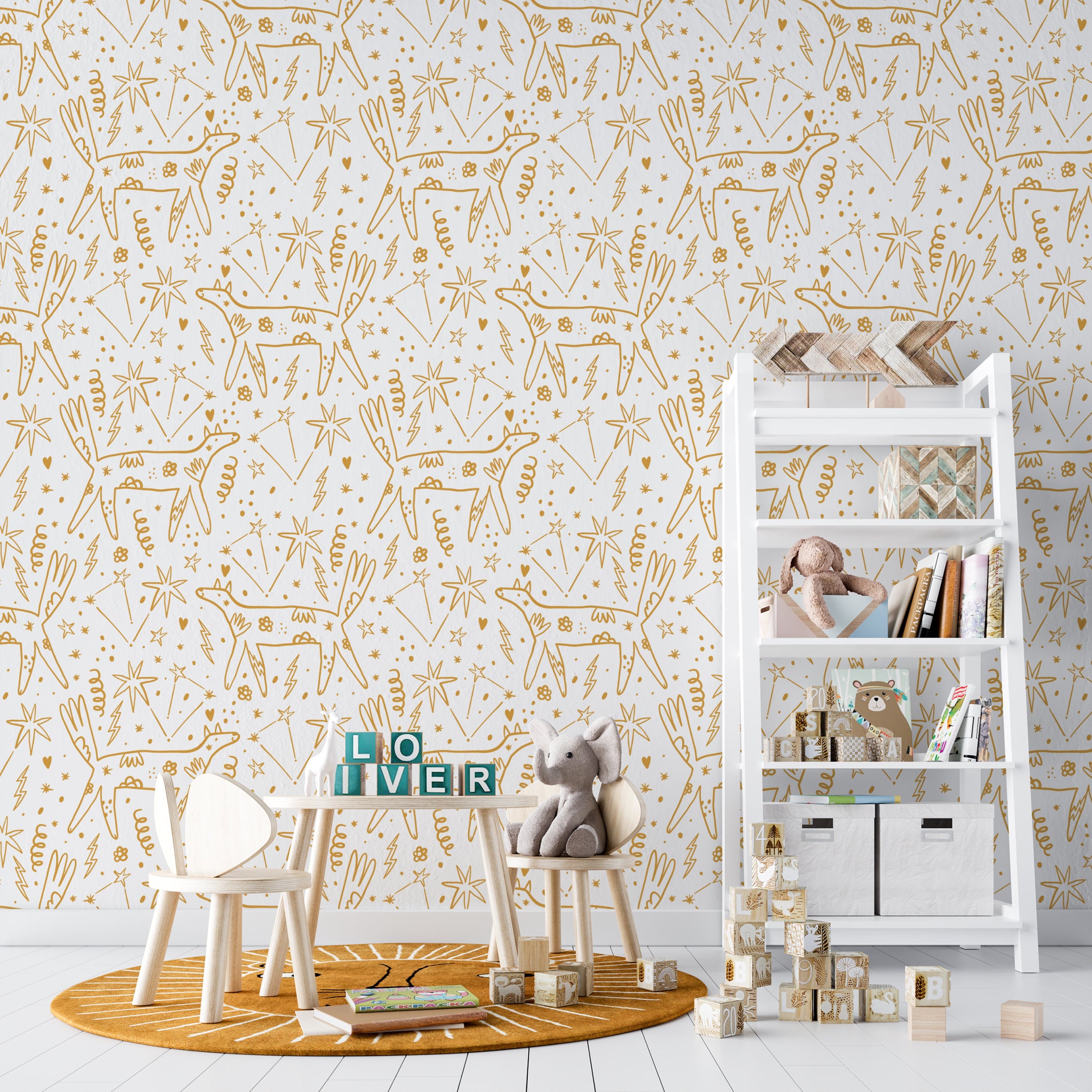 A cozy corner of a child's room enhanced by 'Dog Wallpaper 34,' which showcases golden abstract dog designs and stars on a white background, adding a magical and imaginative feel to the space.