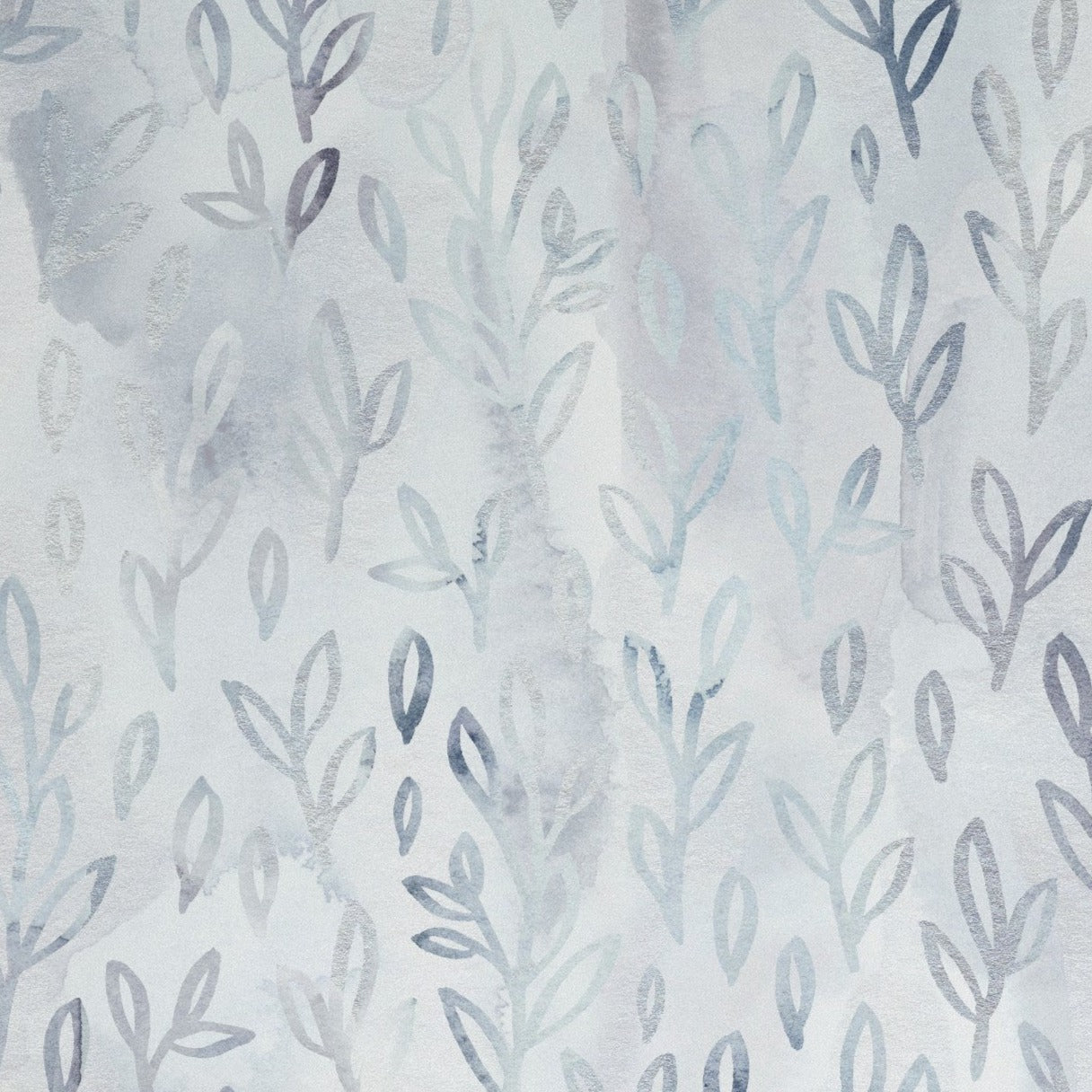 Close-up view of the Floral Foil Wallpaper II showcasing soft blue and grey watercolor leaves on a textured, misty background, giving a serene and delicate feel to the design.