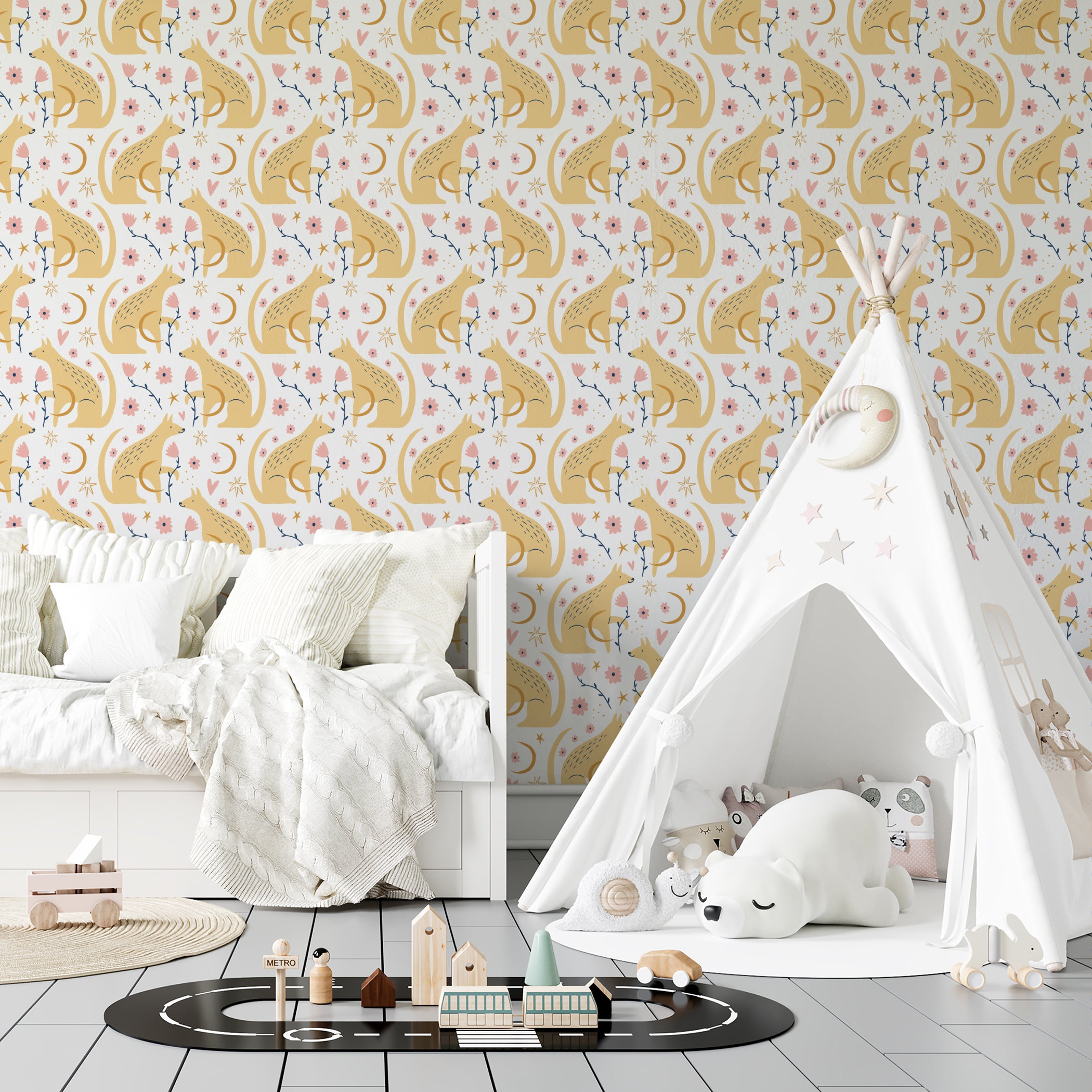 A charming children's room decorated with 'Dog Wallpaper 41,' displaying golden dogs, celestial motifs, and floral elements. The space is complemented by a white teepee, soft bedding, and playful toys, creating a dreamy and inviting atmosphere.
