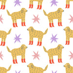 Cheerful and whimsical wallpaper pattern from 'Dog Wallpaper 43' featuring tan dogs with red boots and abstract purple and pink star motifs on a white background. This playful design is ideal for adding a vibrant and fun touch to children's rooms or casual living spaces
