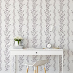 Elegant office setting with Classic Floral Wallpaper featuring vertical rows of soft gray floral patterns on a white background, creating a sophisticated and calming ambiance