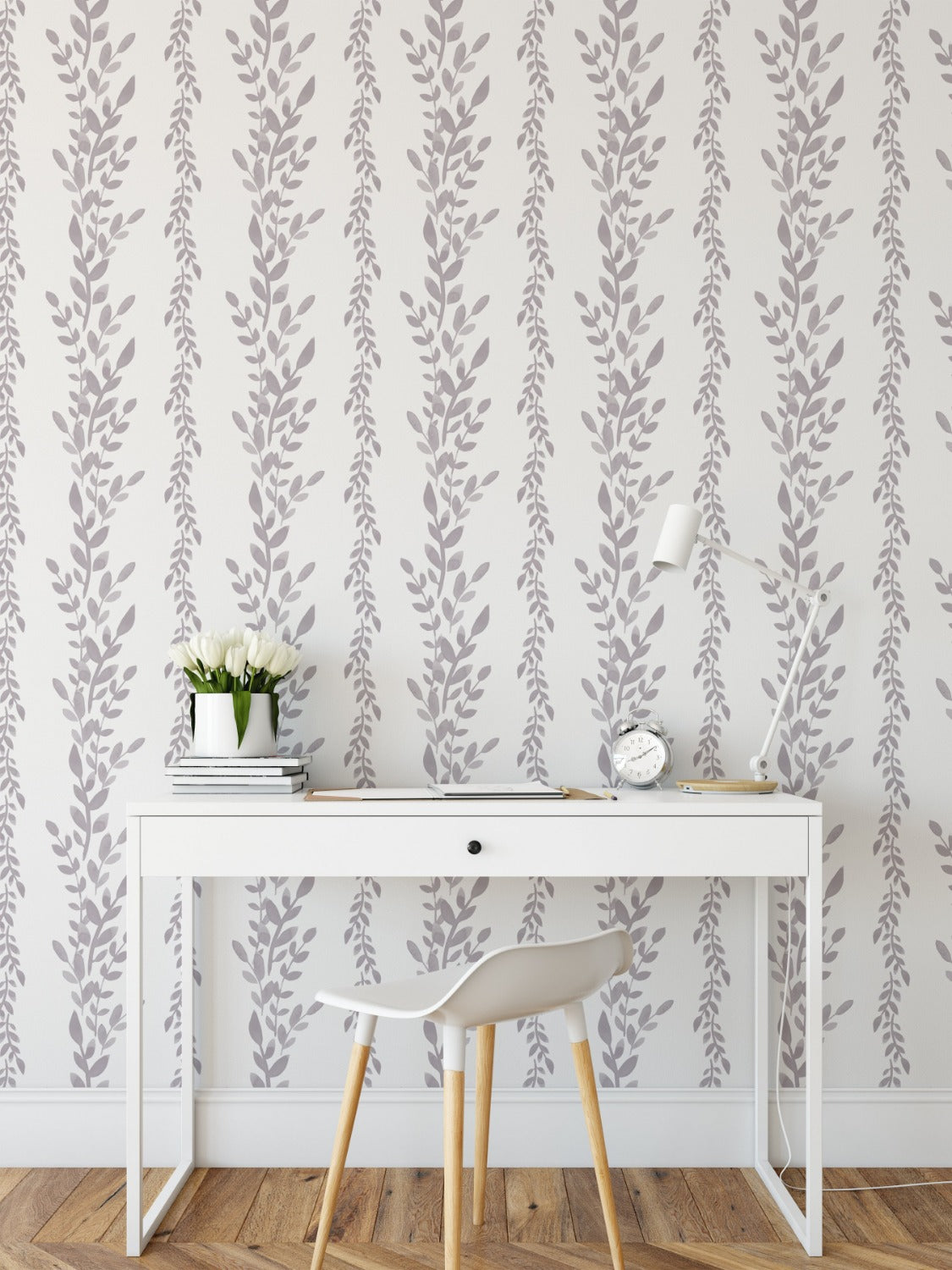 Elegant office setting with Classic Floral Wallpaper featuring vertical rows of soft gray floral patterns on a white background, creating a sophisticated and calming ambiance