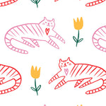 Charming wallpaper pattern from 'Cat Wallpaper 1' featuring red striped cats and green tulip motifs on a white background. The playful poses of the cats and the simple floral designs create a whimsical and engaging aesthetic, perfect for adding a vibrant touch to any room.