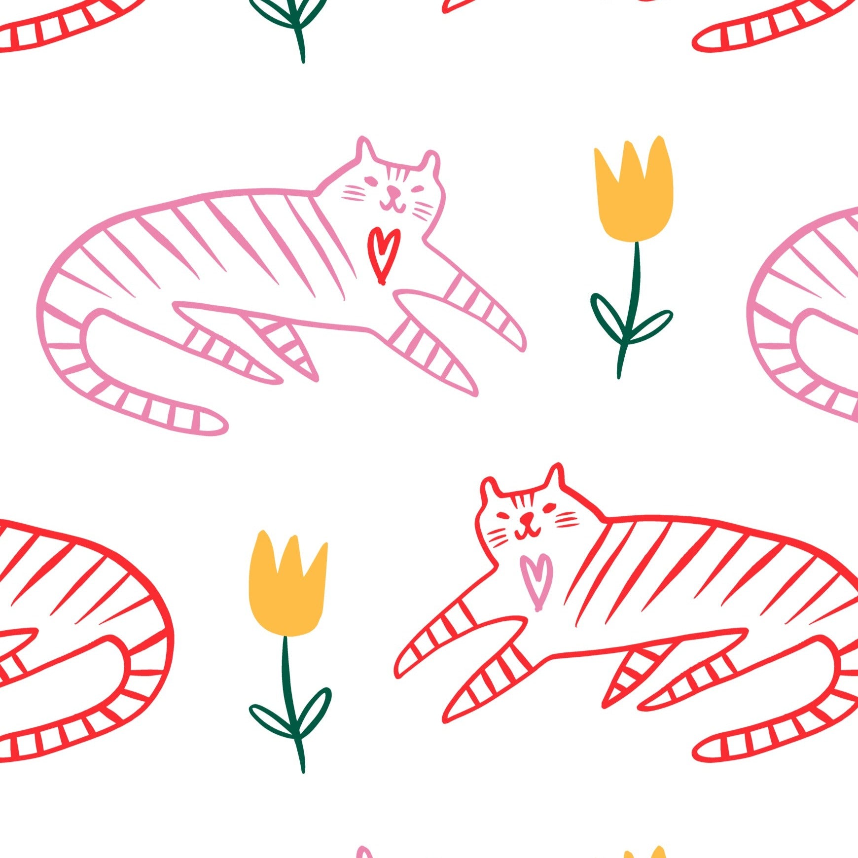Charming wallpaper pattern from 'Cat Wallpaper 1' featuring red striped cats and green tulip motifs on a white background. The playful poses of the cats and the simple floral designs create a whimsical and engaging aesthetic, perfect for adding a vibrant touch to any room.
