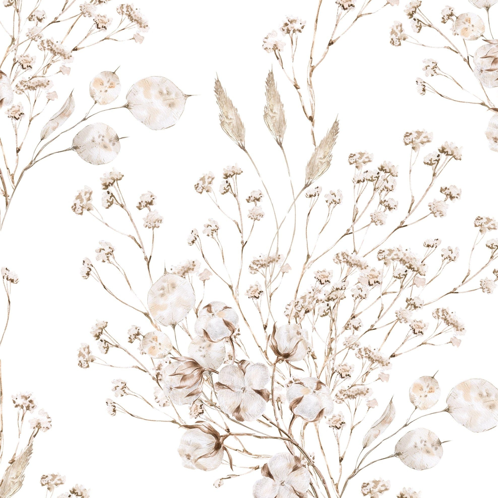 An elegant Boho Winter Floral Wallpaper pattern with detailed botanical illustrations in neutral tones, adding a serene, natural aesthetic to the room.