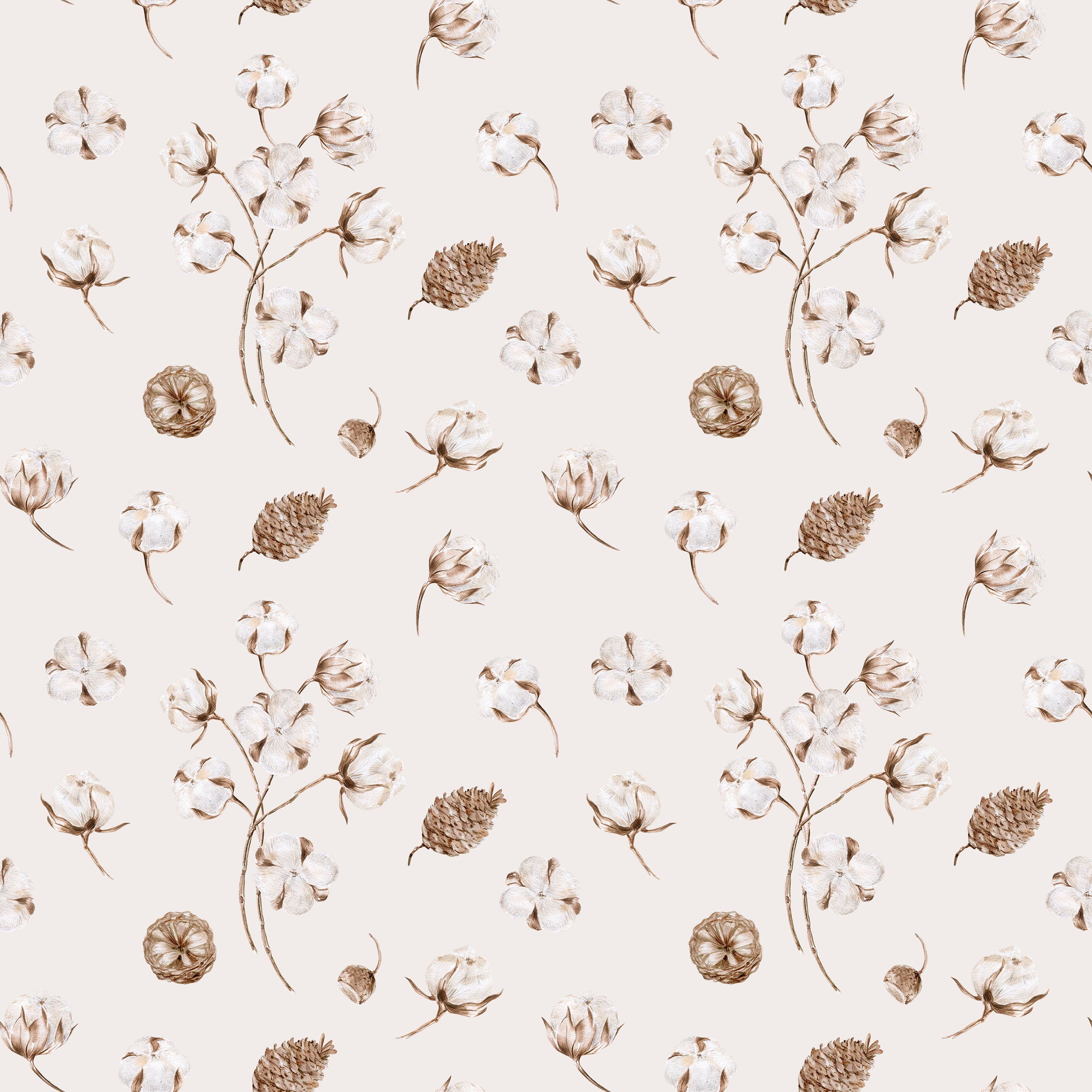 Close-up view of the Winter Boho Wallpaper displaying a detailed pattern of rustic botanical elements such as cotton bolls and pine cones, rendered in soft browns and beiges on a creamy background, perfect for creating a cozy, natural ambiance