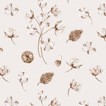 Close-up view of the Winter Boho Wallpaper displaying a detailed pattern of rustic botanical elements such as cotton bolls and pine cones, rendered in soft browns and beiges on a creamy background, perfect for creating a cozy, natural ambiance