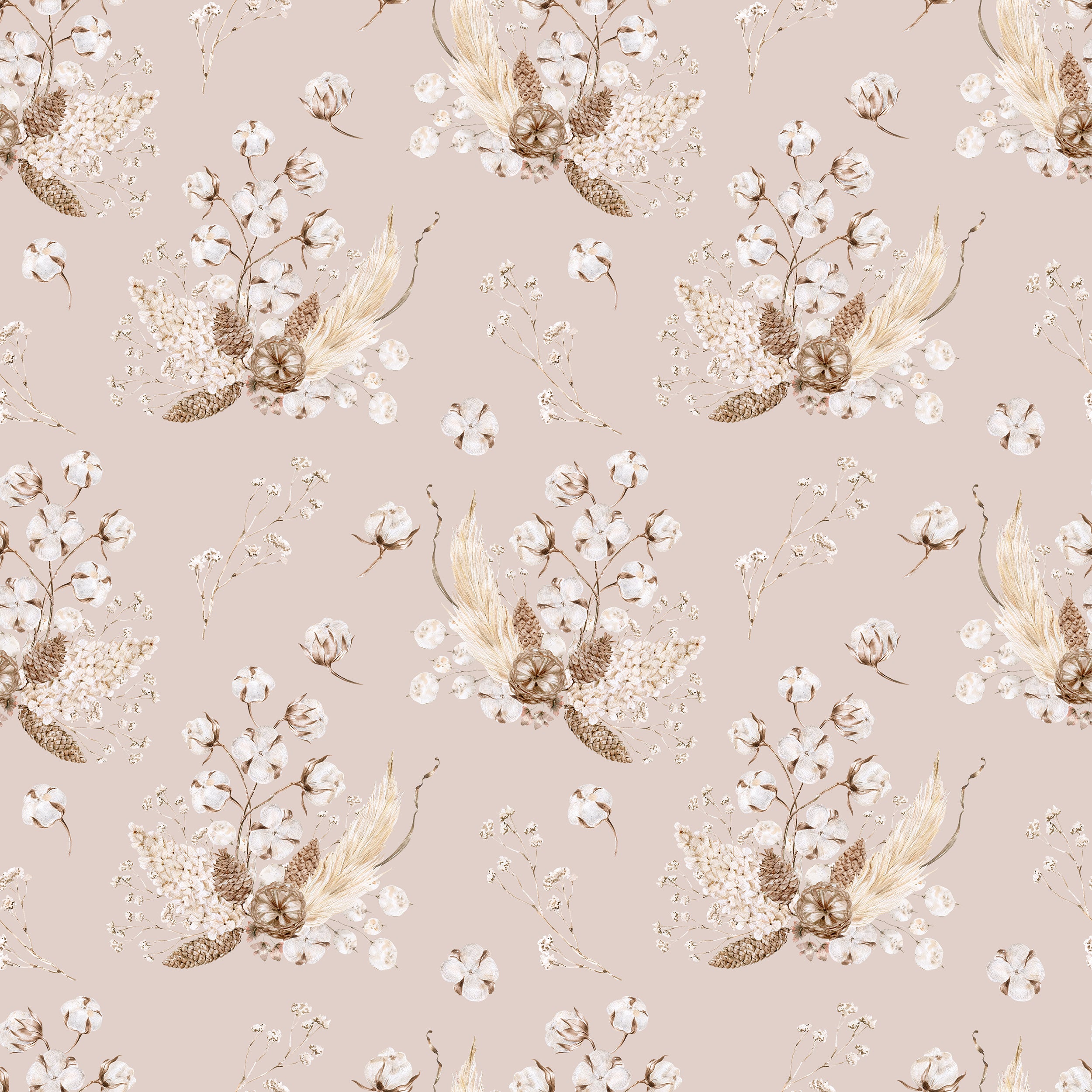 A close-up view of the 'Boho Bouquet II Wallpaper', presenting a bohemian floral pattern with blush pink flowers and gold-tinged foliage on a pastel pink backdrop. The wallpaper’s subtle tones and artistic design convey a tranquil, romantic atmosphere.
