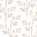 A seamless pattern of Winter Branches Wallpaper showcasing intricate, hand-drawn beige botanical designs with small leaves and buds on a white background.