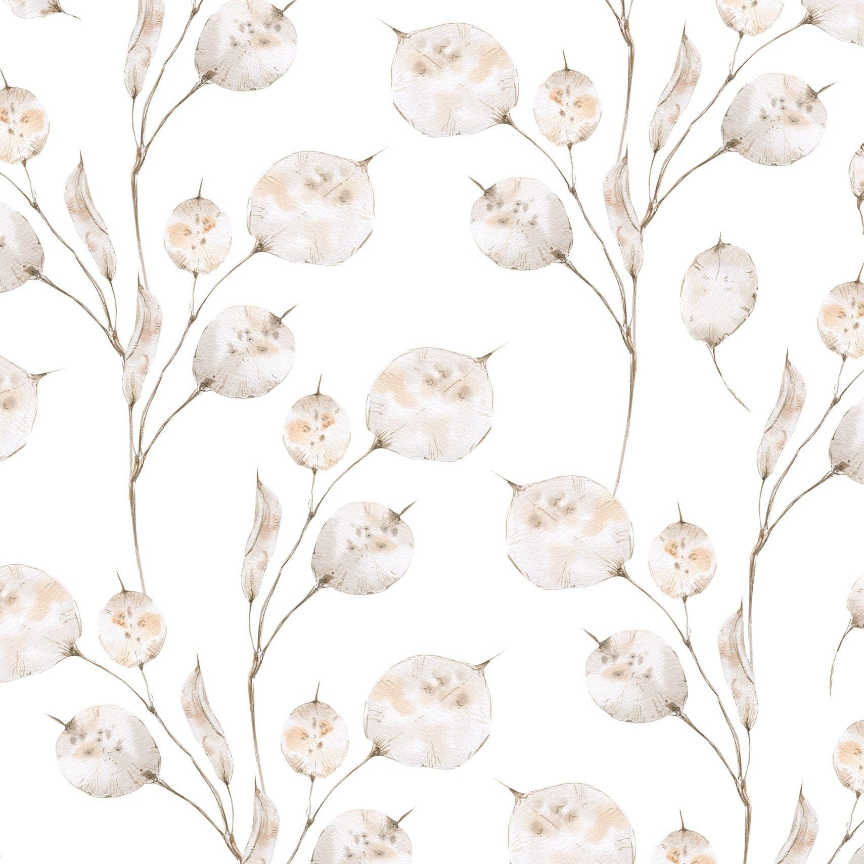 A seamless pattern of Winter Branches Wallpaper showcasing intricate, hand-drawn beige botanical designs with small leaves and buds on a white background.