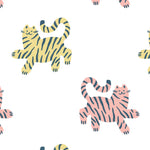 Vibrant and playful wallpaper pattern featuring pink and yellow striped cats in dynamic, leaping poses on a white background. 'Cat Wallpaper 3' is perfect for adding a lively and joyful touch to any room, especially suitable for children's areas or creative spaces