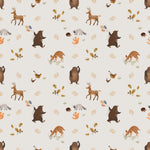 A playful wallpaper design, Forest Bear Wallpaper, showcasing an assortment of forest animals including bears, deer, raccoons, and squirrels, interspersed with small oak leaves and acorns on a soft beige background, evoking a charming woodland scene.