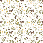 A detailed view of the Butterfly Floral Wallpaper, featuring an intricate pattern of small brown butterflies, yellow flowers, and green foliage on a white background, creating a vibrant and naturalistic feel
