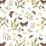 A detailed view of the Butterfly Floral Wallpaper, featuring an intricate pattern of small brown butterflies, yellow flowers, and green foliage on a white background, creating a vibrant and naturalistic feel