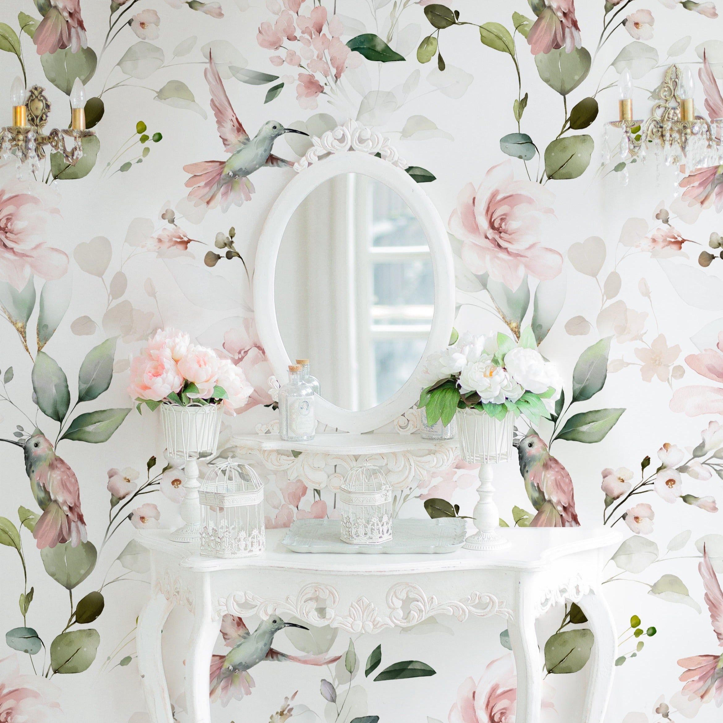 An elegant vanity setup against the 'Watercolour Hummingbird Floral Wallpaper' that features a romantic array of pastel florals and hummingbirds, enhancing the whimsical charm of the space.