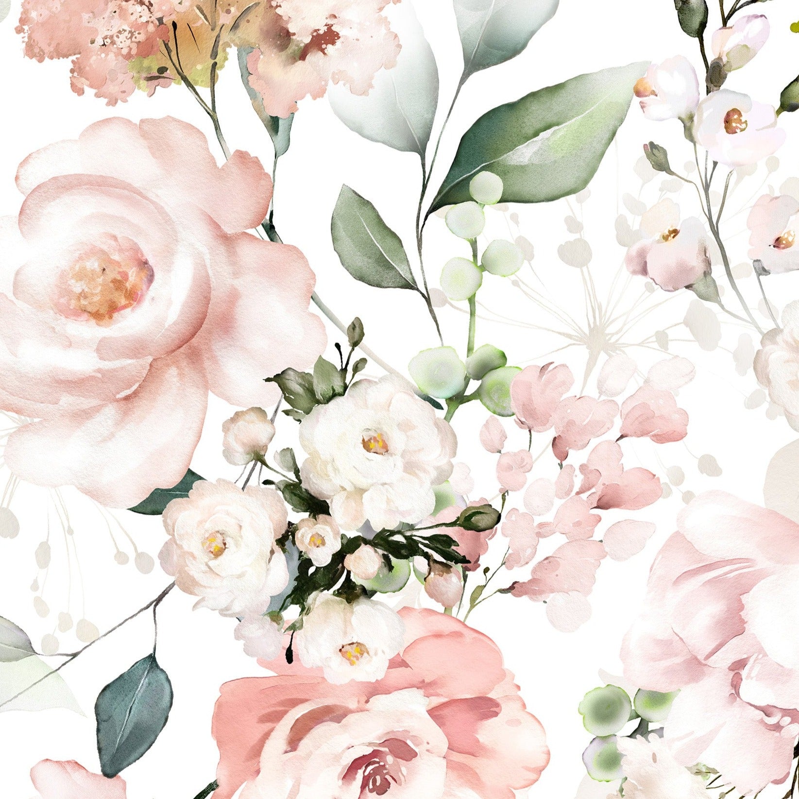 A detailed close-up of the Pink Floral and Herbs Wallpaper - 50", showcasing a delicate and romantic pattern of soft pink roses, fluffy hydrangeas, and subtle greenery. The watercolor effect adds a dreamy and artistic touch to the design, creating a tranquil and beautiful botanical scene.