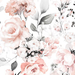  A close-up view of the 'Floral and Herbs Wallpaper - Pink + Black - 50"', showcasing an array of watercolor flowers in shades of pink with touches of soft black for the herbs and foliage, set against a crisp white backdrop. The design conveys a romantic and fresh garden feel, perfect for an elegant interior accent.