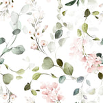 A seamless pattern of the Pink Floral & Herbs Wallpaper featuring watercolor blush pink flowers and green herbs. The delicate and airy design brings a sense of serenity and elegance, perfect for adding a soft, natural touch to any interior.