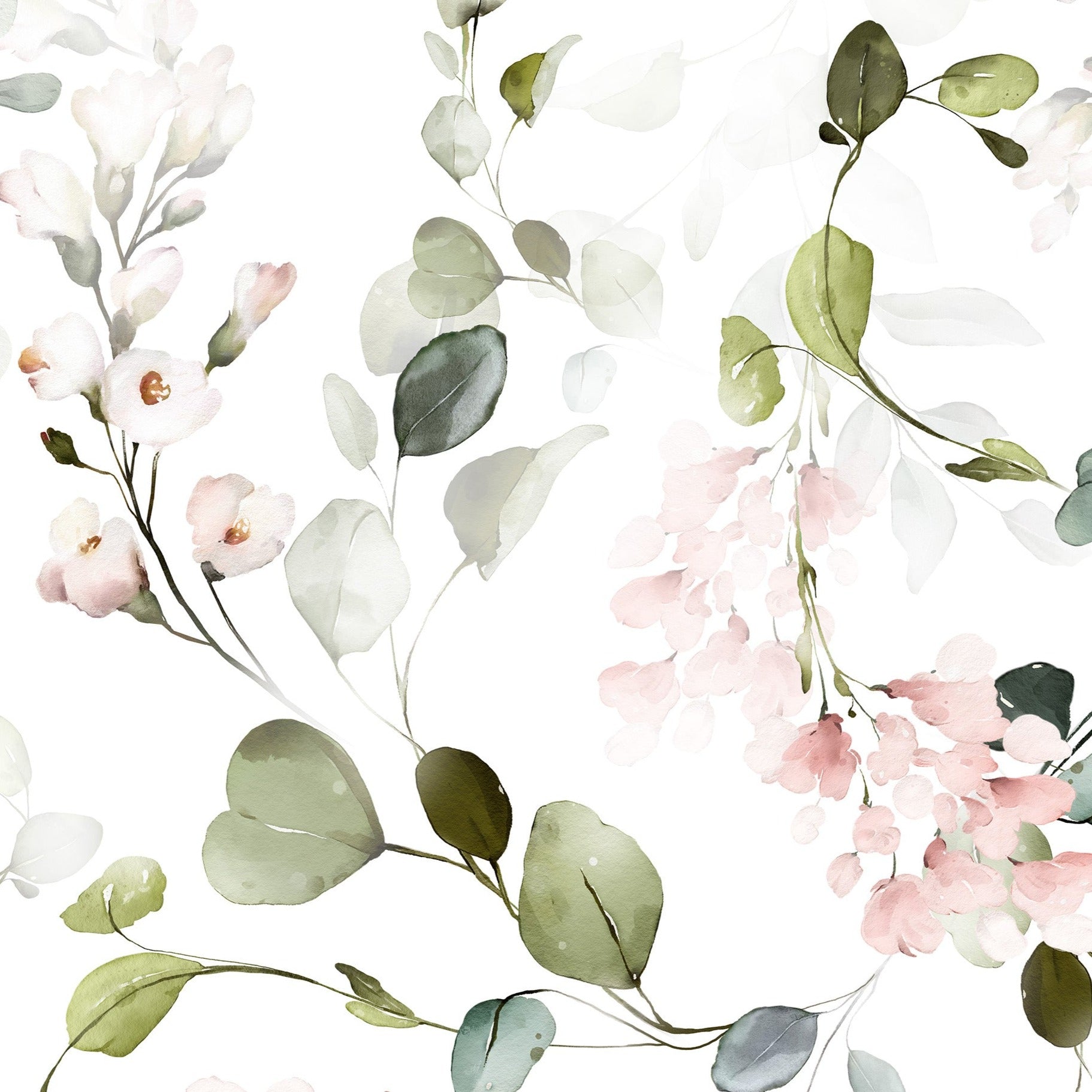 A seamless pattern of the Pink Floral & Herbs Wallpaper featuring watercolor blush pink flowers and green herbs. The delicate and airy design brings a sense of serenity and elegance, perfect for adding a soft, natural touch to any interior.